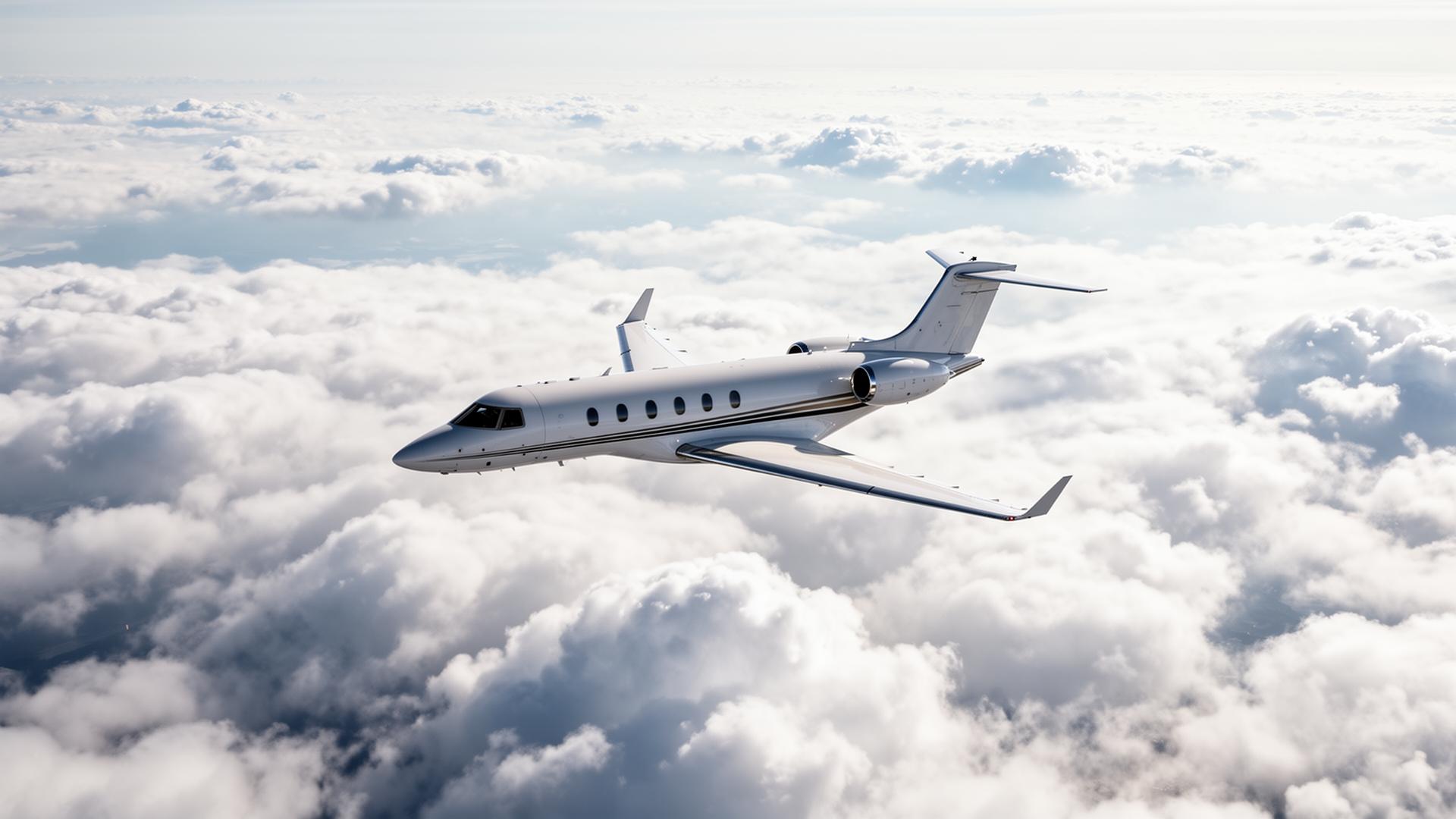 Private jet in flight above the clouds