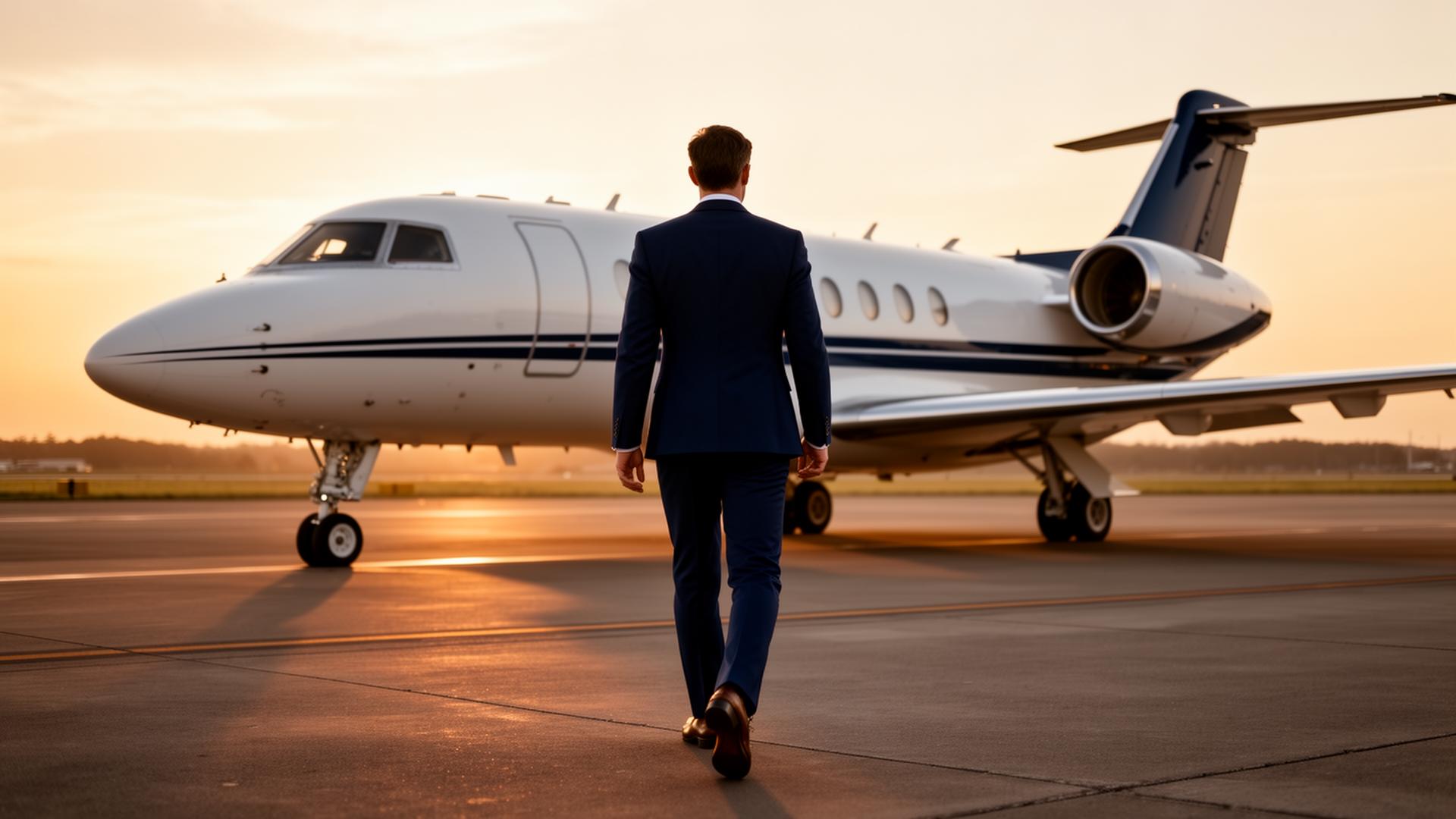 Principal walking toward a private jet on the tarmac at dusk